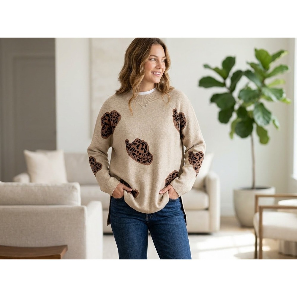 Entro Womens Beige Leopard Cowgirl Hat Mock Neck Sweater Western Oversided Med